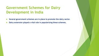 Government Schemes for Dairy
Development in India
 Several government schemes are in place to promote the dairy sector.
 Dairy extension played a vital role in popularizing these schemes.
 