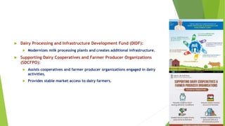  Dairy Processing and Infrastructure Development Fund (DIDF):
 Modernizes milk processing plants and creates additional infrastructure.
 Supporting Dairy Cooperatives and Farmer Producer Organizations
(SDCFPO):
 Assists cooperatives and farmer producer organizations engaged in dairy
activities.
 Provides stable market access to dairy farmers.
 