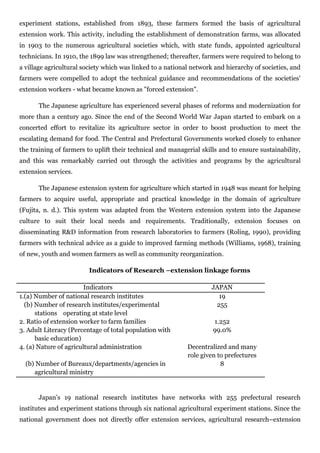 experiment stations, established from 1893, these farmers formed the basis of agricultural
extension work. This activity, including the establishment of demonstration farms, was allocated
in 1903 to the numerous agricultural societies which, with state funds, appointed agricultural
technicians. In 1910, the 1899 law was strengthened; thereafter, farmers were required to belong to
a village agricultural society which was linked to a national network and hierarchy of societies, and
farmers were compelled to adopt the technical guidance and recommendations of the societies'
extension workers - what became known as "forced extension".
The Japanese agriculture has experienced several phases of reforms and modernization for
more than a century ago. Since the end of the Second World War Japan started to embark on a
concerted effort to revitalize its agriculture sector in order to boost production to meet the
escalating demand for food. The Central and Prefectural Governments worked closely to enhance
the training of farmers to uplift their technical and managerial skills and to ensure sustainability,
and this was remarkably carried out through the activities and programs by the agricultural
extension services.
The Japanese extension system for agriculture which started in 1948 was meant for helping
farmers to acquire useful, appropriate and practical knowledge in the domain of agriculture
(Fujita, n. d.). This system was adapted from the Western extension system into the Japanese
culture to suit their local needs and requirements. Traditionally, extension focuses on
disseminating R&D information from research laboratories to farmers (Roling, 1990), providing
farmers with technical advice as a guide to improved farming methods (Williams, 1968), training
of new, youth and women farmers as well as community reorganization.
Indicators of Research –extension linkage forms
Indicators JAPAN
1.(a) Number of national research institutes 19
(b) Number of research institutes/experimental
stations operating at state level
255
2. Ratio of extension worker to farm families 1.252
3. Adult Literacy (Percentage of total population with
basic education)
99.0%
4. (a) Nature of agricultural administration Decentralized and many
role given to prefectures
(b) Number of Bureaux/departments/agencies in
agricultural ministry
8
Japan’s 19 national research institutes have networks with 255 prefectural research
institutes and experiment stations through six national agricultural experiment stations. Since the
national government does not directly offer extension services, agricultural research–extension
 