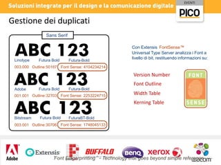 Gestione dei duplicati
Sans Serif

Linotype

Futura Bold

003.000 Outline:50187

Futura-Bold

Con Extensis FontSense™
Universal Type Server analizza i Font a
livello di bit, restituendo informazioni su:

Font Sense: 4104234214

Version Number
Font Outline
Adobe

Futura Bold

Futura-Bold

001.001 Outline:32703 Font Sense: 2253224715

Width Table
Kerning Table

Bitstream

Futura Bold

FuturaBT-Bold

003.001 Outline:30706 Font Sense: 1748045133

‘Font Fingerprinting’ - Technology that goes beyond simple reference

 