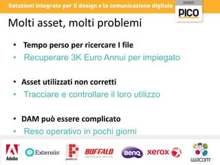 Molti asset, molti problemi
• Tempo perso per ricercare I file
• Recuperare 3K Euro Annui per impiegato
• Asset utilizzati non corretti
• Tracciare e controllare il loro utilizzo
• DAM può essere complicato
• Reso operativo in pochi giorni

 