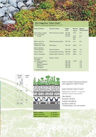 9
Build-up height: ca. 90 mm
Weight, saturated: ca. 95 kg/m2
Water retention capacity: ca. 25 l/m2
Mixture of Sedum Cuttings according to
plant suggestions “Sedum Carpet“
System Substrate “Sedum Carpet“
Safety Device “Fallnet®
”, if required
(attention to load requirements)
Filter Sheet SF
Floradrain®
FD 25-E
Protection Mat SSM 45
5RRW %DUULHU :6) 
if waterproofing is not root-resistant
Plant Suggestions “Sedum Carpet“
Plants in small groups (groups of 3, 5 or 7)
Botanical Name Common Name Height
(mm)
Blossom
Colour
Blossom
Period (month)
Sedum album varieties
e.g. “Coral Carpet”
“Murale”
White stonecrop varieties 50-100
50-100
50-100
white
white
pale-
rose
6-8
6-8
6
Sedum cauticolum Nettle-leaved goosefoot 100-150 rose 8-9
Sedum floriferum
“Weihenstep. Gold” Gold sedum 100-150 yellow 6-7
Sedum hybridum
“Immergrünchen” Hybrid stonecrop 100-150 yellow 7-8
Sedum reflexum Crooked yellow stonecrop 200-250 yellow 6-7
Sedum sexangulare Tasteless yellow stonecrop 50-100 yellow 6-7
Sedum spurium
in varieties.
e.g. “Album Superbum”
“Fuldaglut”
“Roseum Superbum”
“Splendens”
“Variegatum”
** infrequent blooming
Dragon`s blood
100-150
100-150
100-150
100-150
100-150
white** 7-8
7-8
7-8
7-8
7-8
Weight
kg/m²
69 94
2 10
67 84
water-
saturated
dry
Height
mm
30
60
Plant level
Vegetation layer
Drainage
Protection layer
 