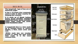 BEE BOX
The langstroth type of box are of
American origin.
It has a 10 frame hive commonly
used in India & other country for
keeping bee colonies.
It is made up of Stand, bottom
board, brood chamber, standard
langstroth frame, queen excluder,
super, inner cover, top cover,
comb foundation sheet
A Langstroth hive is a hive made
up of stacked boxes of various
depths, a floor, inner cover and
roof.
Within each box are wooden
frames in which the bees build
their comb. It is the most
common hive.
 
