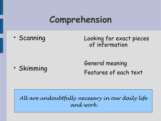 Comprehension

    Scanning               Looking for exact pieces
                             of information


                           General meaning

    Skimming
                           Features of each text



    All are undoubtfully necesary in our daily life
                     and work
 
