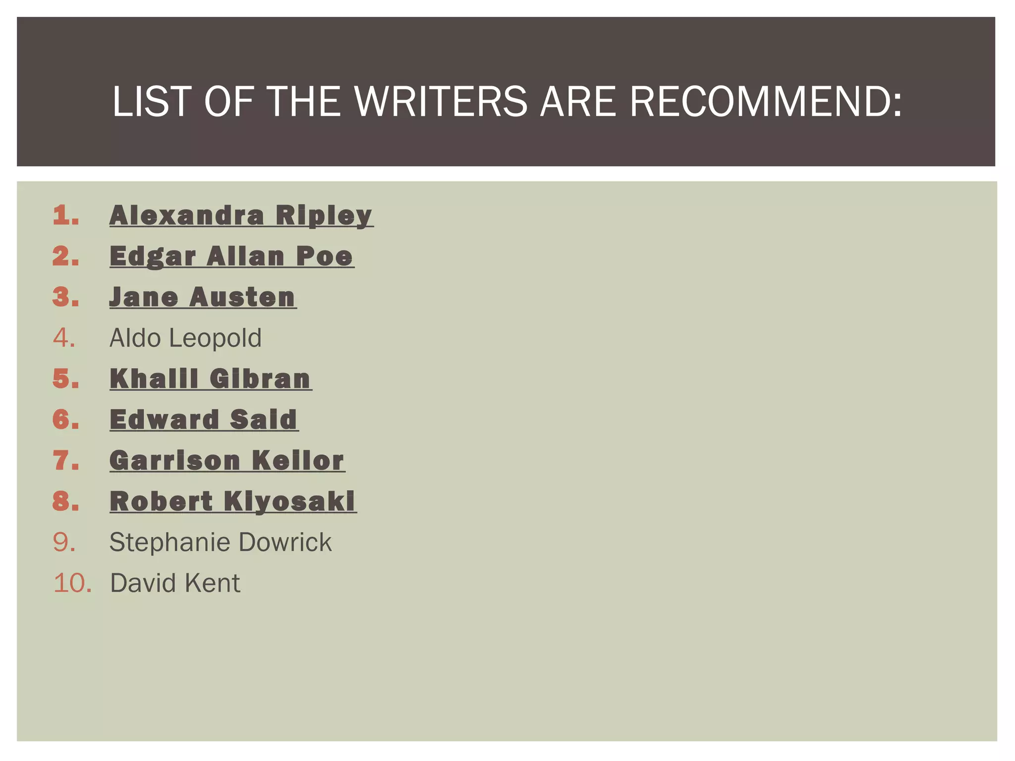 1. Alexandra Ripley
2. Edgar Allan Poe
3. Jane Austen
4. Aldo Leopold
5. Khalil Gibran
6. Edward Said
7. Garrison Keilor
8. Robert Kiyosaki
9. Stephanie Dowrick
10. David Kent
LIST OF THE WRITERS ARE RECOMMEND:
 