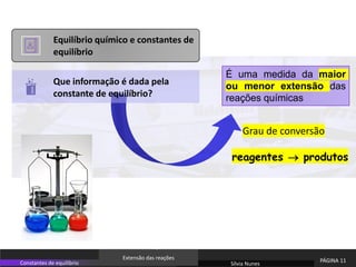 Equilíbrio químico e constantes de
equilíbrio
Que informação é dada pela
constante de equilíbrio?
É uma medida da maior
ou menor extensão das
reações químicas
Grau de conversão
reagentes → produtos
Sílvia Nunes
PÁGINA 11
Constantes de equilíbrio
Extensão das reações
 
