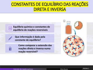 CONSTANTES DE EQUILÍBRIO DAS REAÇÕES
DIRETA E INVERSA
Equilíbrio químico e constantes de
equilíbrio de reações reversíveis
Que informação é dada pela
constante de equilíbrio?
Como comparar a extensão das
reações direta e inversa numa
reação reversível?
Sílvia Nunes PÁGINA 2
Extensão das reações químicas
 