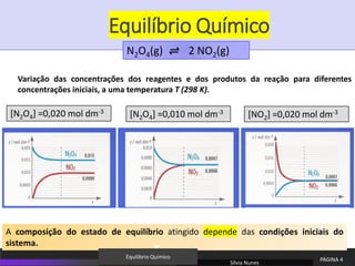Equilíbrio Químico
N2O4(g) ⇌ 2 NO2(g)
Variação das concentrações dos reagentes e dos produtos da reação para diferentes
concentrações iniciais, a uma temperatura T (298 K).
A composição do estado de equilíbrio atingido depende das condições iniciais do
sistema.
Sílvia Nunes
PÁGINA 4
Equilíbrio Químico
[N2O4] =0,020 mol dm-3
[N2O4] =0,010 mol dm-3 [NO2] =0,020 mol dm-3
 