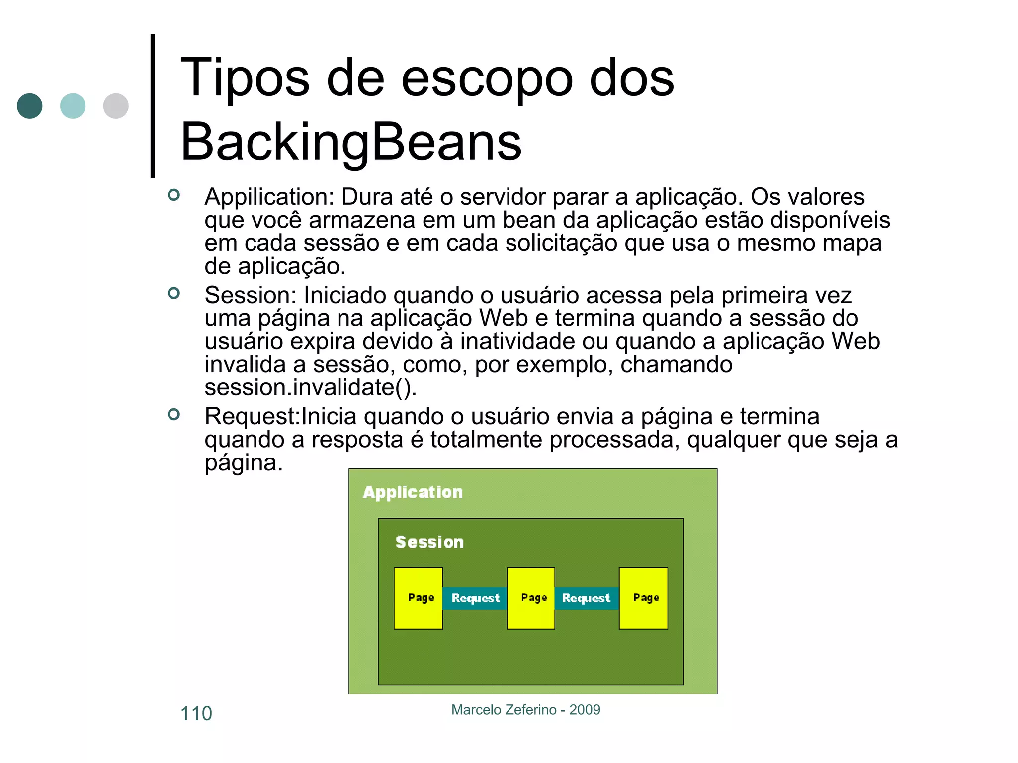 Tipos de escopo dos BackingBeans Appilication: Dura até o servidor parar a aplicação. Os valores que você armazena em um bean da aplicação estão disponíveis em cada sessão e em cada solicitação que usa o mesmo mapa de aplicação.  Session: Iniciado quando o usuário acessa pela primeira vez uma página na aplicação Web e termina quando a sessão do usuário expira devido à inatividade ou quando a aplicação Web invalida a sessão, como, por exemplo, chamando session.invalidate().  Request:Inicia quando o usuário envia a página e termina quando a resposta é totalmente processada, qualquer que seja a página. 