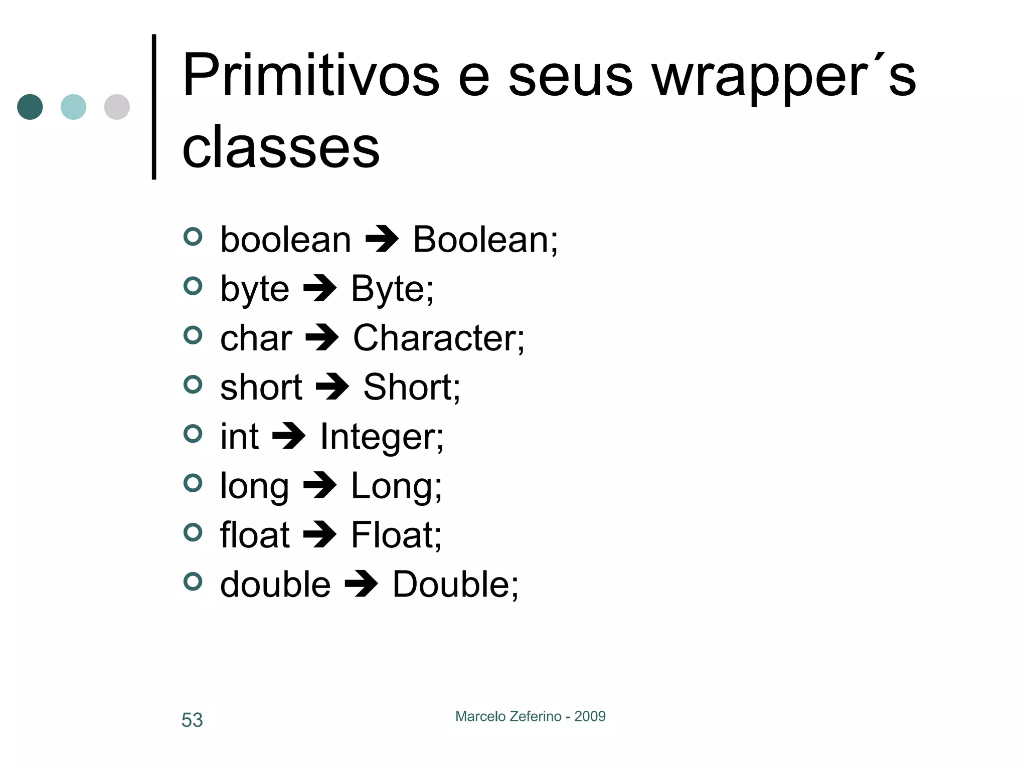 Primitivos e seus wrapper´s classes boolean    Boolean; byte    Byte; char    Character; short    Short; int    Integer; long    Long; float    Float; double    Double; 