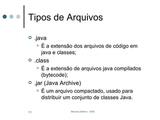 Tipos de Arquivos .java É a extensão dos arquivos de código em java e classes; .class É a extensão de arquivos java compilados (bytecode); .jar (Java Archive) É um arquivo compactado, usado para distribuir um conjunto de classes Java. 