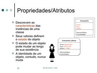 Propriedades/Atributos Descrevem as  características  das instâncias de uma classe Seus valores definem o  estado  do objeto O estado de um objeto pode mudar ao longo de sua existência A identidade de um objeto, contudo, nunca muda Funcionário Nome Nasc Salário InformarSalário CalcularIdade Funcionário_Helena Nome= Helena Reis Nasc= 28/01/1965 Salário =  4.000 InformarSalário CalcularIdade 