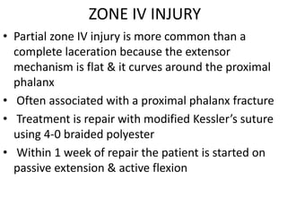 ZONE IV INJURY
• Partial zone IV injury is more common than a
complete laceration because the extensor
mechanism is flat & it curves around the proximal
phalanx
• Often associated with a proximal phalanx fracture
• Treatment is repair with modified Kessler’s suture
using 4-0 braided polyester
• Within 1 week of repair the patient is started on
passive extension & active flexion
 