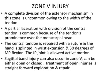 ZONE V INJURY
• A complete division of the extensor mechanism in
this zone is uncommon owing to the width of the
tendon
• A partial laceration with division of the central
tendon is common because of the tendon’s
prominence over the metacarpal head
• The central tendon is repaired with a suture & the
hand is splinted in wrist extension & 30 degrees of
MP flexion. The IP joint is allowed active motion
• Sagittal band injury can also occur in zone V, can be
either open or closed . Treatment of open injuries is
straight forward exploration & repair
 