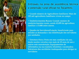 Entraves na área de assistência técnica
e extensão rural oficial no Tocantins
• Grande número de Agricultores familiares: Mais de
122 mil agricultores familiares vivem no campo
• Estabelecimentos Rurais: Grande número de
estabelecimentos rurais, sendo 42.899 da agricultura
familiar e 13.688 entre outros.
• Quadro de Servidores/Lotação: Insuficiente para
atender as demandas e má distribuição dos servidores
por unidades.
• Estrutura física: Frota em más condições de uso,
tendo muitos veículos com mais de 10 anos de uso e
outros sem manutenção; Equipamentos de
informática na sua maioria obsoletos e sucateados;
Estruturas dos escritórios inadequadas para abrigar os
servidores
 