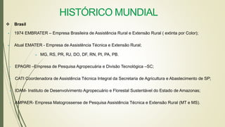 HISTÓRICO MUNDIAL
 Brasil
 1974 EMBRATER – Empresa Brasileira de Assistência Rural e Extensão Rural ( extinta por Color);
 Atual EMATER - Empresa de Assistência Técnica e Extensão Rural;
 MG, RS, PR, RJ, DO, DF, RN, PI, PA, PB.
• EPAGRI –Empresa de Pesquisa Agropecuária e Divisão Tecnológica –SC;
• CATI Coordenadora de Assistência Técnica Integral da Secretaria de Agricultura e Abastecimento de SP;
• IDAM- Instituto de Desenvolvimento Agropecuário e Florestal Sustentável do Estado de Amazonas;
• AMPAER- Empresa Matogrossense de Pesquisa Assistência Técnica e Extensão Rural (MT e MS).
 