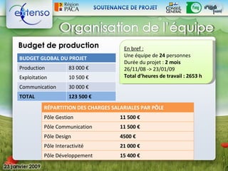 Budget de production                  En bref :
                                      Une équipe de 24 personnes
BUDGET GLOBAL DU PROJET
                                      Durée du projet : 2 mois
Production           83 000 €         26/11/08 -> 23/01/09
Exploitation         10 500 €         Total d’heures de travail : 2653 h
Communication        30 000 €
TOTAL                123 500 €
          RÉPARTITION DES CHARGES SALARIALES PAR PÔLE
          Pôle Gestion               11 500 €
          Pôle Communication         11 500 €
          Pôle Design                4500 €
          Pôle Interactivité         21 000 €
          Pôle Développement         15 400 €
 
