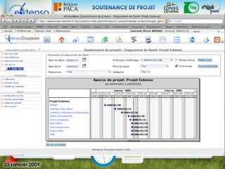 Supports de Travail Collaboratifs / Outils

- Interface de gestion de projet, complète et
  collaborative : eGroupware
      •   Agenda, Planificateur de tâches
      •   eMail (IMAP), Gestionnaire de Contacts
      •   Gestionnaire de projet
      •   Gestionnaire de fichiers

            – Préférences individuelles, personnalisées.
 