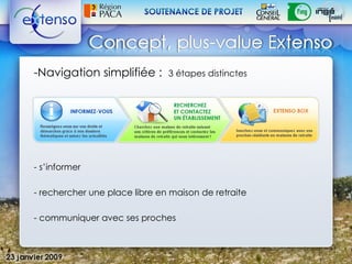 -Navigation simplifiée :       3 étapes distinctes




- s’informer

- rechercher une place libre en maison de retraite

- communiquer avec ses proches
 