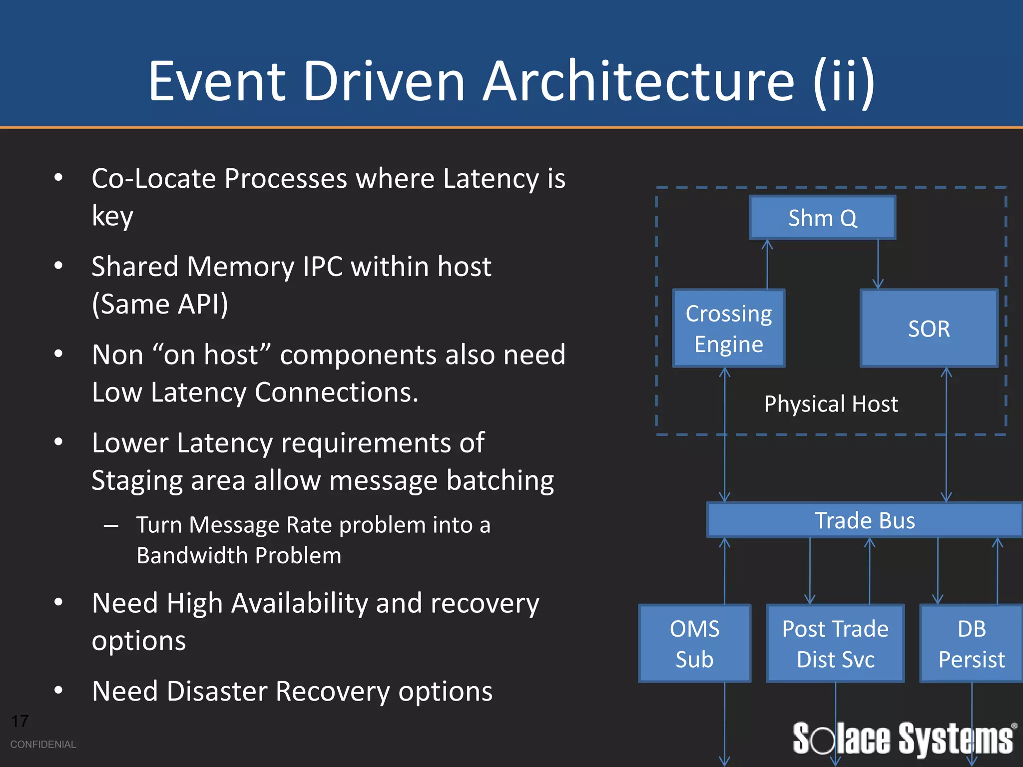 Event Driven Architecture (ii)
       • Co-Locate Processes where Latency is
         key                                                  Shm Q
       • Shared Memory IPC within host
         (Same API)                                Crossing
                                                                           SOR
       • Non “on host” components also need         Engine
         Low Latency Connections.                         Physical Host
       • Lower Latency requirements of
         Staging area allow message batching
              – Turn Message Rate problem into a                 Trade Bus
                Bandwidth Problem
       • Need High Availability and recovery
                                                   OMS        Post Trade       DB
         options
                                                   Sub         Dist Svc      Persist
       • Need Disaster Recovery options
17
CONFIDENIAL
 
