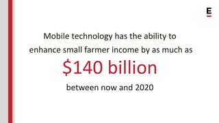 Mobile technology has the ability to
enhance small farmer income by as much as
$140 billion
between now and 2020
 