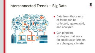 Interconnected Trends – Big Data
■ Can pinpoint
strategies that work
for small scale farmers
in a changing climate
■ Data from thousands
of farms can be
collected, aggregated,
and analyzed
 