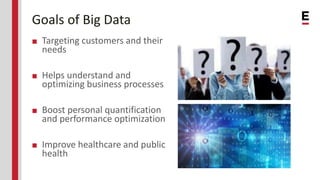 Goals of Big Data
■ Targeting customers and their
needs
■ Helps understand and
optimizing business processes
■ Boost personal quantification
and performance optimization
■ Improve healthcare and public
health