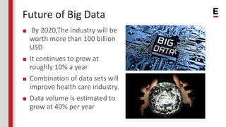 Future of Big Data
■ By 2020,The industry will be
worth more than 100 billion
USD
■ It continues to grow at
roughly 10% a year
■ Combination of data sets will
improve health care industry.
■ Data volume is estimated to
grow at 40% per year
