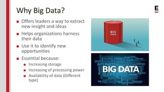 Why Big Data?
■ Offers leaders a way to extract
new insight and ideas
■ Helps organizations harness
their data
■ Use it to identify new
opportunities
■ Essential because:
■ Increasing storage
■ Increasing of processing power
■ Availability of data (Different
type)