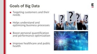 Goals of Big Data
■ Targeting customers and their
needs
■ Helps understand and
optimizing business processes
■ Boost perso...