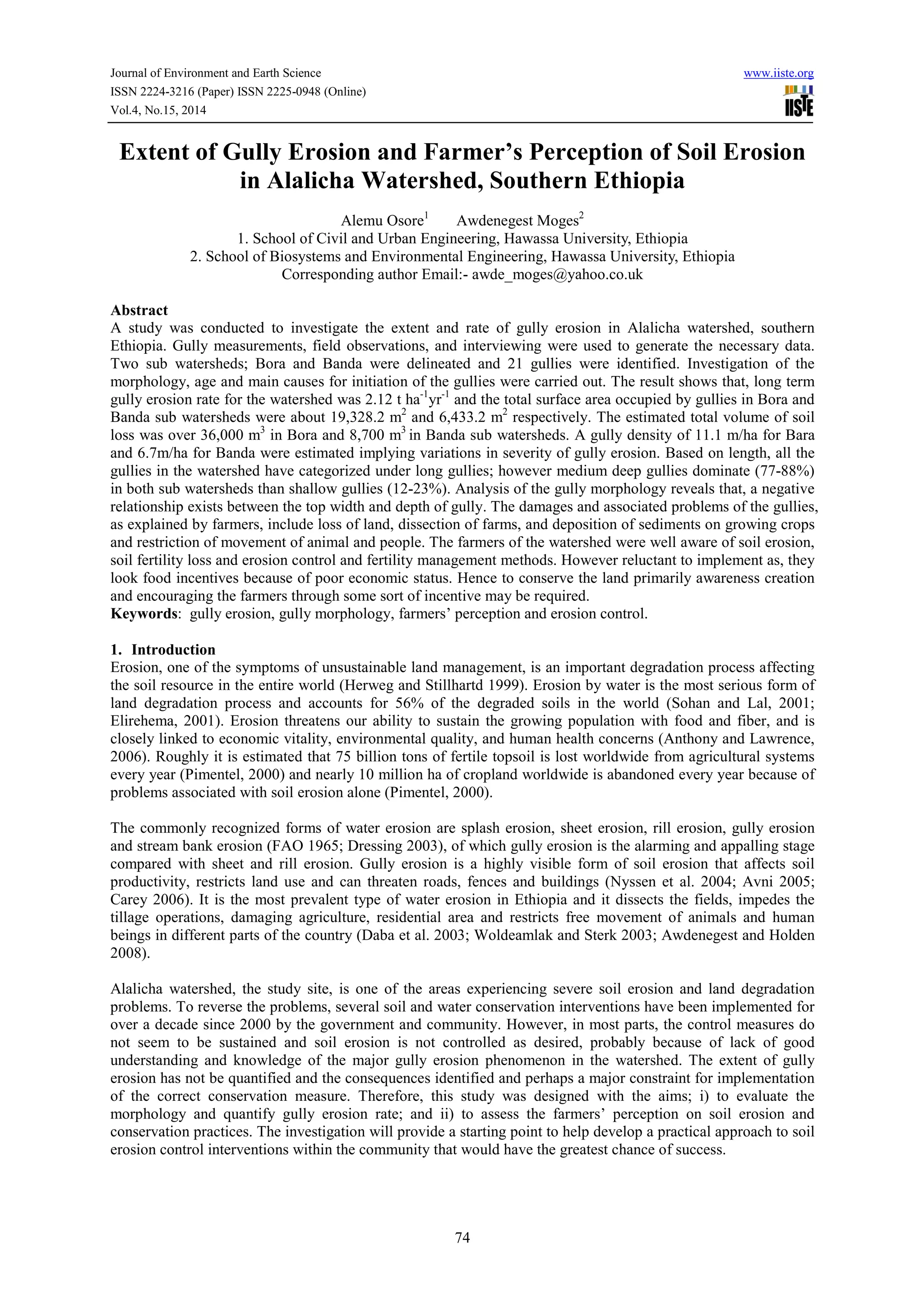 Extent of gully erosion and farmer’s perception of soil erosion in ...