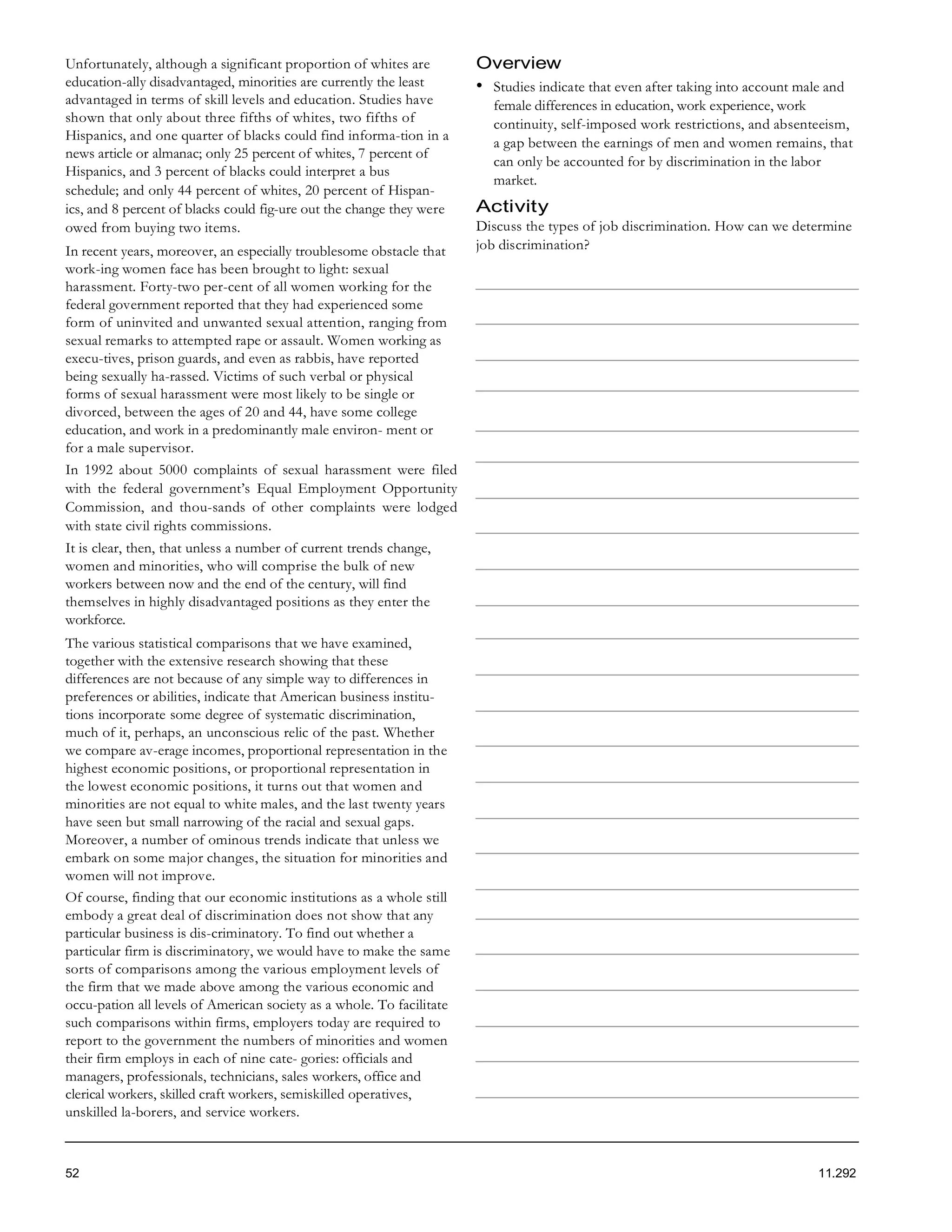 Unfortunately, although a significant proportion of whites are         Overview
education-ally disadvantaged, minorities are currently the least       •   Studies indicate that even after taking into account male and
advantaged in terms of skill levels and education. Studies have            female differences in education, work experience, work
shown that only about three fifths of whites, two fifths of                continuity, self-imposed work restrictions, and absenteeism,
Hispanics, and one quarter of blacks could find informa-tion in a
                                                                           a gap between the earnings of men and women remains, that
news article or almanac; only 25 percent of whites, 7 percent of
                                                                           can only be accounted for by discrimination in the labor
Hispanics, and 3 percent of blacks could interpret a bus
                                                                           market.
schedule; and only 44 percent of whites, 20 percent of Hispan-
ics, and 8 percent of blacks could fig-ure out the change they were    Activity
owed from buying two items.                                            Discuss the types of job discrimination. How can we determine
In recent years, moreover, an especially troublesome obstacle that     job discrimination?
work-ing women face has been brought to light: sexual
harassment. Forty-two per-cent of all women working for the
federal government reported that they had experienced some
form of uninvited and unwanted sexual attention, ranging from
sexual remarks to attempted rape or assault. Women working as
execu-tives, prison guards, and even as rabbis, have reported
being sexually ha-rassed. Victims of such verbal or physical
forms of sexual harassment were most likely to be single or
divorced, between the ages of 20 and 44, have some college
education, and work in a predominantly male environ- ment or
for a male supervisor.
In 1992 about 5000 complaints of sexual harassment were filed
with the federal government’s Equal Employment Opportunity
Commission, and thou-sands of other complaints were lodged
with state civil rights commissions.
It is clear, then, that unless a number of current trends change,
women and minorities, who will comprise the bulk of new
workers between now and the end of the century, will find
themselves in highly disadvantaged positions as they enter the
workforce.
The various statistical comparisons that we have examined,
together with the extensive research showing that these
differences are not because of any simple way to differences in
preferences or abilities, indicate that American business institu-
tions incorporate some degree of systematic discrimination,
much of it, perhaps, an unconscious relic of the past. Whether
we compare av-erage incomes, proportional representation in the
highest economic positions, or proportional representation in
the lowest economic positions, it turns out that women and
minorities are not equal to white males, and the last twenty years
have seen but small narrowing of the racial and sexual gaps.
Moreover, a number of ominous trends indicate that unless we
embark on some major changes, the situation for minorities and
women will not improve.
Of course, finding that our economic institutions as a whole still
embody a great deal of discrimination does not show that any
particular business is dis-criminatory. To find out whether a
particular firm is discriminatory, we would have to make the same
sorts of comparisons among the various employment levels of
the firm that we made above among the various economic and
occu-pation all levels of American society as a whole. To facilitate
such comparisons within firms, employers today are required to
report to the government the numbers of minorities and women
their firm employs in each of nine cate- gories: officials and
managers, professionals, technicians, sales workers, office and
clerical workers, skilled craft workers, semiskilled operatives,
unskilled la-borers, and service workers.



52                                                                                                                                11.292
 