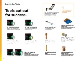 Installation Tools
3M™
Power Grip Magic Pad Rivet
Applicator CMP-1
Designed for installing 3M™
Controltac™
Graphic Films with Comply™
Adhesive
over rivets.
3M™
Rivet Brush Applicator
RBA-1
Helps to install films over rivets.
3M™
Power Grip Rivet
Brush Applicator RBA-3
Burnishes film over rivets.
3M™
Hand Applicator PA1-Blue
and PA1-Gold
Reusable squeegee-type applicator for
smoothing film during installs.
3M™
Air Release Tool 391x
Punctures applied film to
remove air bubbles.
3M™
Power Grip Multi-Pin Air
Release Tool MPP-1
Uniquely designed to release the air
around rivets in one single motion.
3M™
Finish Line Knifeless Tape
Easily cuts most vinyl wrap films —
complete installations without a blade.
3M™
Perf Line Knifeless Tape
Cuts uniform margins
between window graphics
and rubber moldings.
3M™
Tri Line Knifeless Tape
(6mm and 9mm)
Ensures accurate, consistent stripe width
from one end of the vehicle to the other.
3M™
Design Line Knifeless Tape
Engineered to create highly
contoured designs with sharp,
clean edges.
3M™
Bridge Line Knifeless Tape
Evenly cuts graphics bridging from
one panel to the next.
Installation Tools
Tools cut out
for success.
3M™
Two-Handled Textured Surface
Applicator TSA-4 for Large Area
Increases installation productivity.
Requires heat gun (not included).
The TSA roller reduces
installation time and
arm fatigue.
36
 