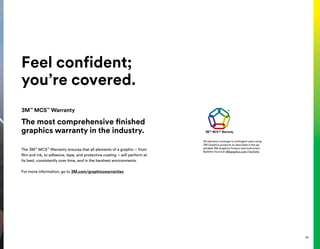 Feel confident;
you’re covered.
All warranty coverage is contingent upon using
3M Graphics products as described in the ap-
plicable 3M Graphics Product and Instruction
Bulletins found at 3Mgraphics.com/TechInfo.
3M™
MCS™
Warranty
The 3M™
MCS™
Warranty ensures that all elements of a graphic – from
film and ink, to adhesive, tape, and protective coating – will perform at
its best, consistently over time, and in the harshest environments.
For more information, go to 3M.com/graphicswarranties
The most comprehensive finished
graphics warranty in the industry.
39
 