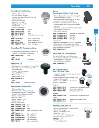 297
EXTERIORHARDWARE
Deck Fills
Perko
Combination Fill and Tank Vents
With the lid closed continuous venting is
provided while effectively preventing water
intrusion
All plastic construction eliminates the need for
installation of ground wire
Use #10 FH fasteners
PER 1318-DPG-BLK Black gas 35° angled neck
PER 1319-DPG-BLK Black gas
PER 1319-DPW-BLK Black water
PER 1319-DPG-WHT White gas
Accessories:
Black plastic with zinc alloy lock cylinder
PER 525-DP0-BLK
Perko Deck Fills For Hose
Chrome plated bronze
Cap has slot between holes, O-ring and
integral retainer
Comes with deck key
Fits 1-1/2" I.D. hose
Flange diameter: 3-1/8"
Length neck: 3-1/2"
Use #8 FH fasteners
PER 520-DPD-CHR Diesel
PER 520-DPG-CHR Gas
PER 520-DPW-CHR Water
PER 507-DP-CHR Waste (No retainer on cap)
Parts:
PER 520-DP-99A Spare cap and O-ring
PER 513-DP8 Spare O-rings 2/pkg
PER 507-DP-99A Spare waste cap & O-ring
PER 1324-DP1-BLK Spare locking cap
Perko Deck Fills For Hose
Chrome plated zinc
Black plastic caps have a slot between
holes, O-ring and integral retainer
Comes with deck key
Fits 1-1/2" hose
Flange diameter: 3-1/2"
Length neck: 2-1/2"
Use #8 FH fasteners
PER 1270-DPD-CHR Diesel
PER 1270-DPG-CHR Gas
PER 1270-DPW-CHR Water
PER 1269-DP-CHR Waste (No retainer on cap)
Parts:
PER 1269-DP-99A Cap only (Waste)
PER 1270-DPG-99A Cap only (Gas)
PER 1270-DPW-99A Cap only (Water)
PER 1270-DPD-99A Cap only (Diesel)
PER 513-DP8 Spare o-ring, 2/pkg
Perko Gas Fill
Easy-grip cap comes with O-ring and
integral retainer
No deck plate key required
Takes 1-1/2" I.D. hose
O.D. 3-1/16"
Length neck 2-7/16"
PER 1613-DP-BLK
Parts:
PER 513-DP8 Spare O-ring, 2/pkg
Perko Fuel Fill Locking Insert
remove the key and replace the cap. Comes with
2 dual purpose lock/deck keys.
PER 525-DP0-BLK
Perko Fuel Fill Replacement Cap
PER 528-DP8-99A Cap
Parts:
PER 513-007 O-ring 2/pkg
Attwood "Indy" Gas Fill
Highly-polished cast 316 stainless steel
Spring-loaded hinged cap
Hose size: 1-1/2"
3-1/4" x 4-1/2" x 1" H above deck
Installation hole size: 1-7/8"
ATT 66344-1**
** Limited Quantities
Perko Combination
Gas Fill / Tank Vents
with the tank vent
Requires deck plate key
Use #8 FH fasteners
Angled
PER 540-DPG-CHR Chrome bronze cap & plastic base
PER 542-DPG-BLK Black plastic cap & base
PER 542-DPG-WHT White plastic cap & base
Straight
PER 541-DPG-CHR Chrome bronze cap & plastic base
Parts:
PER 540-DPG-99A Spare chrome cap with chain
PER 525-DP0-BLK Lock
 