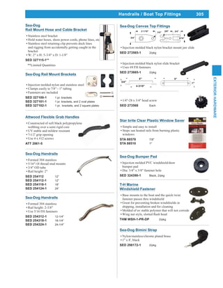 305
EXTERIORHARDWARE
Sea-Dog Bimini Strap
Nylon/stainless/chrome plated brass
1" x 8', black
SED 298172-1 2/pkg
Star brite Clear Plastic Window Saver
Simple and easy to install
Stops sun heated rails from burning plastic
windows
STA 88578 7/8"
STA 88510 1"
Attwood Flexible Grab Handles
Constructed of soft black polypropylene
webbing over a semi rigid core
UV stable and mildew resistant
7-1/2' grip opening
Use 4 x #12 screws
ATT 2061-5
Sea-Dog Handrails
Formed 304 stainless
5/16"-18 thread stud mounts
3/4" OD tube
Rail height: 2"
SED 254112 12”
SED 254112-1 12”
SED 254118-1 18”
SED 254124-1 24”
Sea-Dog Rail Mount Brackets
Injection molded nylon and stainless steel
Clamps easily to 7/8" - 1" tubing
Fasteners are included
SED 327100-1 1 pr. brackets
SED 327101-1 1 pr. brackets, and 2 oval plates
SED 327102-1 1 pr. brackets, and 2 square plates
1/4"-28 x 3/4" head screw
SED 273568 Each
Injection molded black nylon slide bracket
Uses #8 FH fasteners
SED 273665-1 2/pkg
Sea-Dog Canvas Top Fittings
Injection molded black nylon bracket mount jaw slide
SED 273565-1 2/pkg
Handrails / Boat Top Fittings
Sea-Dog Bumper Pad
Injection molded PVC windshield/door
bumper pad
Dia: 3/4" x 3/8" fastener hole
SED 324390-1 Black, 2/pkg
Sea-Dog Handrails
Formed 304 stainless
Rail height: 2-3/8"
Use 5/16 FH fasteners
SED 254312-1 12-1/4”
SED 254318-1 18-1/4”
SED 254324-1 24-1/4"
T-H Marine
Windshield Fastener
Base mounts to the boat and the quick twist
fastener passes thru windshield
Great for preventing broken windshields in
shipping, installation and for cleaning
Molded of uv stable polymer that will not corrode
THM WSH-1-PR-DP 2/pkg
Sea-Dog
Rail Mount Hose and Cable Bracket
Stainless steel bracket
Hold water hoses, shore power cords, phone lines, etc
Stainless steel retaining clip prevents dock lines
and rigging from accidentally getting caught in the
bracket
W: 2" x H: 5-3/4" x D: 1-1/8"
SED 327115-1**
**Limited Quantities
 