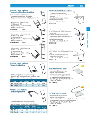 309
EXTERIORHARDWARE
Windline Under Platform
Telescoping Ladders
Slides under platform for compact storage
Complete with bracket mounts and quick lock strap
Electro-polished stainless steel with plastic treads
Part # Style
Length
Deployed
Length
Stowed Width Weight
WIN UP-2X 2 step 28" 18.5" 13.5" 5.2 lbs
WIN UP-3X 3 step 39" 21" 14" 7.5 lbs
Windline Over Platform
Telescoping Ladders
Slides under platform for compact storage
Complete with bracket mounts and quick lock strap
Electro-polished stainless steel with plastic treads
Part # Style
Length
Deployed
Length
Stowed Width Weight
WIN TDL-3X 2 step 34" 15" 12" 6 lbs
WIN TDL-4X 3 step 44" 16.5" 13" 9 lbs
Garelick Swim Platform/Ladders
For use on outboard transoms
One stainless wrap around rail and one
underside
Durable, platform is easy to clean
Stainless steel hardware
W: 14-1/2" x D: 12.5" x H: 13"
GAR 19535
For use on outboard transoms
One stainless wrap around rail and one
support rail
Durable, platform is easy to clean
Ladder slides up and under platform for
storage
Stainless steel hardware
W: 18" D: x 15-1/2" x H: 22-3/4"
GAR 19536
For use on inboard/outboard transoms
Two stainless wrap around rails (no lower
leg)
Durable, platform is easy to clean
Stainless steel hardware
L: 13" x W: 14-1/2" x H: 12-1/2"
GAR 19545
Ladders
Windline Under Platform
Telescoping Slide Mount Ladders
Stainless steel steps w/plastic pads
Slides under the platform for stowage
Requires a minimal amount of depth, fore and aft
Includes quick lock nylon strap
Width overall: 12.5"
Length stowed: 15.0" (4" overhang)
Length deployed: 35.0"
WIN SM-3X 3 step
Includes quick lock urethane strap
Width overall: 12-1/4"
Width centerline: 10"
Length stowed: 15-3/4" (2" overhang)
Length deployed: 34"
WIN SM-3XOC 3 step
Includes quick lock urethane strap
Width overall: 14"
Width centerline: 12"
Length stowed: 16" (No overhang)
Length deployed: 44
WIN SM-4XB 4 step
Sea-Dog Platform Ladder
Injection molded nylon/304 and
stainless steel construction
Includes swim platform kit assembly
hardware (does not include hardware
for attaching the platform to the boat)
Overall Height: 22-5/8" x W: 15" x D: 18"
Use #14 RH fasteners
SED 328902-3
Sea-Dog Platform Ladder
Injection molded nylon/304 and
stainless steel construction
Includes swim platform kit assembly hardware (does not include
hardware for attaching the platform to the boat)
Overall Height: 22-5/8" x W: 15" x D: 18"
Use #14 RH fasteners
SED 328903-3
 