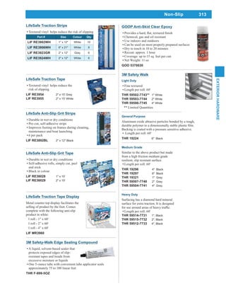 313
EXTERIORHARDWARE
LifeSafe Traction Strips
Textured vinyl helps reduce the risk of slipping
Part # Size Colour Qty
LIF RE3902WH 1" x 12" White 10
LIF RE3906WH 6" x 21" White 8
LIF RE3923GR 2" x 12" Gray 6
LIF RE3924WH 2" x 12" White 6
LifeSafe Anti-Slip Grit Strips
Durable in wet or dry conditions
Pre-cut, self-adhesive strips
Improves footing on frames during cleaning,
maintenance and boat launching
6 per pack
LIF RE3892BL 2" x 12" Black
LifeSafe Traction Tape
Textured vinyl helps reduce the
risk of slipping
LIF RE3954 2" x 15' Grey
LIF RE3955 2" x 15' White
LifeSafe Anti-Slip Grit Tape
Durable in wet or dry conditions
Self-adhesive rolls, simply cut, peel
and stick
Black in colour
LIF RE36028 1" x 15'
LIF RE36029 2" x 15'
LifeSafe Traction Tape Display
Metal counter top display facilitates the
selling of product by the foot. Comes
complete with the following anti-slip
product in white:
1 roll - 1” x 60'
1 roll - 2” x 60'
1 roll - 4” x 60'
LIF MR3960
3M Safety Walk
Light Duty
Fine textured
Length per roll: 60'
THR 59502-7743** 1" White
THR 59503-7744 2" White
THR 59500-7745 4" White
** Limited Quantities
Heavy Duty
Surfacing has a diamond hard mineral
surface for extra traction. It is designed
Length per roll: 60'
THR 59514-7731 1", Black
THR 59515-7732 2", Black
THR 59512-7733 4", Black
General Purpose
Aluminum oxide abrasive particles bonded by a tough,
Backing is coated with a pressure sensitive adhesive.
Length per roll: 60'
THR 19224 6" Black
Medium Grade
Similar to the above product but made
from a high friction medium grade
resilient, slip resistant surface.
Length per roll: 60'
THR 19296 4" Black
THR 19297 6" Black
THR 19321 1" Grey
THR 59507-7740 2" Grey
THR 59504-7741 4" Grey
GOOP Anti-Skid Clear Epoxy
Chemical, gas and oil resistant
Use indoors and outdoors
Can be used on most properly prepared surfaces
Dry to touch in 10 to 20 minutes
Recoat: approx. 1 hour
Coverage: up to 15 sq. feet per can
Net Weight: 11 oz
GOO 5370030
3M Safety-Walk Edge Sealing Compound
A liquid, solvent-based sealer that
protects exposed edges of slip-
resistant tapes and treads from
excessive moisture or liquids
One 5-ounce tube with convenient tube applicator seals
approximately 75 to 100 linear feet
THR F-999-5OZ
Non-Slip
 