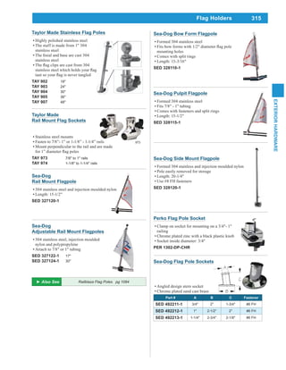 315
EXTERIORHARDWARE
Taylor Made Stainless Flag Poles
Highly polished stainless steel
The staff is made from 1" 304
stainless steel
stainless steel
TAY 902 18"
TAY 903 24"
TAY 904 30"
TAY 905 36"
TAY 907 48"
Railblaza Flag Poles pg 1084
Perko Flag Pole Socket
Clamp on socket for mounting on a 3/4"- 1"
railing
Chrome plated zinc with a black plastic knob
Socket inside diameter: 3/4"
PER 1302-DP-CHR
Sea-Dog Flag Pole Sockets
Angled design stern socket
Chrome plated sand cast brass
Part # A B C Fastener
SED 492211-1 3/4" 2" 1-3/4" #6 FH
SED 492212-1 1" 2-1/2" 2" #6 FH
SED 492213-1 1-1/4" 2-3/4" 2-1/8" #6 FH
Sea-Dog
Rail Mount Flagpole
304 stainless steel and injection moulded nylon
Length: 15-1/2"
SED 327120-1
Sea-Dog
Adjustable Rail Mount Flagpoles
304 stainless steel, injection moulded
nylon and polypropylene
Attach to 7/8" or 1" tubing
SED 327122-1 17"
SED 327124-1 30"
Sea-Dog Bow Form Flagpole
Formed 304 stainless steel
mounting holes
Comes with split rings
Length: 13-3/16"
SED 328110-1
Sea-Dog Pulpit Flagpole
Formed 304 stainless steel
Fits 7/8" - 1" tubing
Comes with fasteners and split rings
Length: 15-1/2"
SED 328115-1
Flag Holders
Sea-Dog Side Mount Flagpole
Formed 304 stainless and injection moulded nylon
Pole easily removed for storage
Length: 20-1/4"
Use #8 FH fasteners
SED 328120-1
Taylor Made
Rail Mount Flag Sockets
Stainless steel mounts
Fasten to 7/8”- 1” or 1-1/8” - 1-1/4” rails
Mount perpendicular to the rail and are made
TAY 973 7/8" to 1" rails
TAY 974 1-1/8" to 1-1/4" rails
973
 