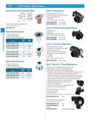 316
EXTERIORHARDWARE
Flag Holders / Bilge Blowers
Perko Flag Pole Sockets
Upright style socket
Chrome plated bronze
Use #8 F.H. or O.H. fasteners
Part #
lnside
Dia
Flange
Dia
PER 220-DP1-CHR 3/4" 2-1/8"
PER 220-DP2-CHR 1" 2-1/2"
PER 220-DP3-CHR 1-1/4" 2-3/4"
Sea-Dog Flush Mount Flag Pole Socket
Investment cast 316 stainless steel
Use #12 F.H. screws
SED 491713-1
Perko Flag Pole Sockets
Flush mount design
Chrome plated bronze
Use #8 F.H. or O.H. fasteners
Part #
lnside
Dia.
Flange
Dia.
PER 218-DP1-CHR 3/4" 2"
PER 218-DP2-CHR 1" 2-3/8"
PER 218-DP3-CHR 1-1/4" 2-5/8"
PER 219-DP1-CHR 3/4" 2"
PER 219-DP2-CHR 1" 2-3/8"
PER 219-DP3-CHR 1-1/4" 2-5/8"
218
219
Jabsco 4" Bilge Blowers
Reinforced plastic housing
Automotive type motor for long life
Low current operation
250 CFM
H: 9" x W": -3/4" x L: 8-3/4"
JAB 35400-0000 12V, 15 amp
JAB 35400-0010 24V, 7.5 amp
Jabsco 4" Continuous Duty Bilge Blowers
Flange mount
250 CFM
Minimum 10,000 hour motor
H: 9-1/8" x W: 8-3/16" x L: 8"
JAB 35760-0092 12V, 11 amp
JAB 35760-0094 24V, 6 amp
Jabsco 3" Flexmount Bilge Blower
Reinforced plastic housing
Automotive type motor for long life
Low current operation
Can be rotated in the mounting
bracket to facilitate installation
3" intake
105 CFM
5-1/2" H x 5" W x 6-3/4" L
JAB 35515-0010 12V, 4.3 amp
Delta 'T' Marine LIL' Champ Bilge Blowers
Performs well even under static pressure loads
High-impact marine grade plastic housing
Internally mounted motor for compact design
Sealed D/C direct-drive motor. The motor is a totally enclosed
(TEAO), double-shielded, ball bearing type, which is
constructed with die cast aluminum end plates, O-ring seals,
superior corrosion resistance. Armatures are dynamically
balanced for quiet, vibration-free operation)
Dynamically balanced armatures for quiet
vibration-free operation
Includes universal powder coated bracket for a
wide variety of mounting options
Ignition protected
Continuous duty
H: 6.14" x W: 4.25" (7.06" w/motor) x D: 6.14"
DTS 500-303121-IP 12V
H: 10" x W: 4.43" x D: 11.5"
DTS 500-304121-IP 12V
DTS 500-304242-IP 24V
Parts:
DTS 505-201251 Hose adapter for intake
 