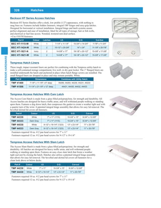 326
EXTERIORHARDWARE
Hatches
Tempress Access Hatches With Cam Latch
upon them. Features a dog down latch, that compresses the gasket to create a weather tight seal with
a quarter turn of the wrist. A patented integral hinge assembly that allows for easy lid removal. The
bevelled skirted lid covers all fasteners.
Part # Colour I.D. O.D. Cut-out
TMP 44330 White 7" x 11" (1115) 10-3/4" x 15" 8-3/4" x 12-5/8"
TMP 44333 Dark Gray 7" x 11" (1115) 10-3/4" x 15" 8-3/4" x 12-5/8"
TMP 44530 White 9-1/2" x 19-1/4" (1323) 13" x 23-1/4" 11" x 20-7/8"
TMP 44533 Dark Gray 9-1/2" x 19-1/4" (1323) 13" x 23-1/4" 11" x 20-7/8"
Fasteners required 10 ea. #12 pan head screws for 7" x 11"
Fasteners required 12 ea. #12 pan head screws for 9-1/2" x 19-1/4"
Tempress Hatch Liners
These tough, impact resistant liners are perfect for combining with the Tempress utility hatch to
Part # Dimensions Combines with Utility Hatch
TMP 41400 7-1/8" x 11-1/8" x 6" deep 44290, 44293, 44230, 44231, 44233
TMP 41506 11-1/4" x 21-1/8" x 12" deep 44431, 44430, 44432, 44433
Beckson HT Series Access Hatches
snag lines on. Features include hidden fasteners, integral 180o
hinges and easy-grip latches.
Designed for horizontal or vertical installation. Integral hinge and latch systems assure
and electrical or fuel line access. Nonskid, textured non-skid surface.
Use #10 FH fasteners
Part # Colour Latches I.D. O.D. Cut-Out
BEC HT-1115-W White 1 7-1/4" x 11-1/4" 10-3/4" x 14-3/4" 7-7/8" x 11-3/4"
BEC HT-1424-W White 2 10-1/2" x 20-3/8" 14" x 24" 11-1/8" x 20-7/8"
BEC HT-1821-N Ivory 2 14-5/8" x 17" 18-1/8" x 20-1/2" 15-3/8" x 17-3/8"
BEC HT-1821-W White 2 14-5/8" x 17" 18-1/8" x 20-1/2" 15-3/8" x 17-3/8"
Part # Colour I.D. O.D. Cut-out
TMP 44230 White 7" x 11" 10-3/4" x 15" 8-3/4" x 12-5/8"
TMP 44430 White 9-1/2" x 19-1/4" 13" x 23-1/4" 11" x 20-7/8"
Tempress Access Hatches With Slam Latch
walking or standing upon them. Features an easy close slam latch that forms a weather
tight seal just by closing the hatch. Hatches also utilize a patented integral hinge assembly
that allows for easy lid removal. The bevelled and skirted lid covers all fasteners for a
clean look above or below decks.
Fasteners required 10 ea. #12 pan head screws for 7" x 11"
Fasteners required 12 ea. #12 pan head screws for 9-1/2" x 19-1/4"
 