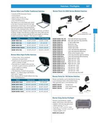 327
EXTERIORHARDWARE
Hatches / Portlights
Anodized HD aluminum frames
Vent position
Heavy-duty acrylic top
Quick acting tie down dogs
Use #10 FH fasteners
is the latest Eurostyle hatch for the high
performance cruiser/racer. Silver anodized
Special marine aluminum alloy with high
magnesium content. Tough acrylic top assures privacy, yet allows
in plenty of light. Fast and easy to adjust new style collet arm has
no knobs or parts to loosen and fall off or get caught on clothing.
Locked vent position. Models - '10A' have a 1" spigot.
Part # Hole Cut Out O.D. Deck Flange
BOM 1000-10A 10-3/4" x 10-3/4" 12-3/8" x 12-3/8"
BOM 1029-10A 13-3/8" x 18-1/2" 15" x 20 1/8"
BOM 1039-10A 20-1/4" x 20-1/4" 21-7/8" x 21-7/8"
BOM N1049-10AX4 25-1/8" x 25-1/8" 26-3/4" x 26-3/4"
BOM 1070-10A 16-1/2" x 16-1/2" 18-3/16" x 18-3/16"
A heavy duty, silver anodized,
aluminum extruded hatch
Tough acrylic top assures privacy yet
allows in plenty of light
Fast and easy to adjust collet arm has
no knobs or parts to loosen and fall off
or get caught on clothing
Heavy duty hinges
The hatch has a locked vent position
Models - 'A' without spigot and Models -
'10A' with 1" spigot.
Note: Screen will not install without trim ring.
Use #10 FH fasteners
Part # Hole Cut Out O.D. Deck Flange
BOM 2029-10AX 13-5/16" x 18-7/16" 15" x 20-1/8"
BOM 2039-10AX 20-3/16" x 20-3/16" 21-7/8" x 21-7/8"
BOM 2049-10AX 25-1/16" x 25-1/16" 26-3/4" x 26-3/4"
BOM 2070-10AX 16-7/16" x 16-7/16" 18-1/8" x 18-1/8"
BOM N2080-10AX 18-7/16" x 18-7/16" 20-1/8" x 20-1/8"
Bomar Gray Series Portlight
Stainless steel hardware, angled
spigot, white frame with clear lens,
complete with trim ring and screen.
Hatch opening: 4" x 11"
Cut-out: 5-1/2" x 12-1/2". O.D
Spigot length: 2-1/8"
BOM G512-AD-27
Bomar Parts for 100 Series Hatches
a cast aluminum frame with molded hinges.
They generally have a cast aluminum riser.
BOM P100-07 Female knob
BOM P100-09 Latch dog assembly
BOM P100-52 9/16" gasket
P100-07
P100-09
BOM P2000-18L I/O New style left latch dog assembly
BOM P2000-18R I/O New style right latch dog assembly
BOM P2000-20
BOM P2000-27 Mushroom Cap
BOM P2000-25
BOM P2000-26
BOM P2000-53 Latch dog assembly right/locking
BOM P2000-52 Latch dog assembly left/locking
BOM P2000-66 White screen keepers (nibs)
BOM P2000-84-R Latch dog assembly right/non-locking
BOM P2000-84-L Latch dog assembly left/non/locking
BOM P2000-75-17 Right riser arm 1039
BOM P2000-75-18 Right riser arm 1022
BOM P2000-75-21 Right riser arm 1049
BOM P2000-7510.75 Right riser arm 1029
BOM P2000-76-13 Left riser arm 1070
BOM P2000-76-17 Left riser arm 1039
BOM P2000-76-18 Left riser arm 1022
BOM P2000-76-21 Left riser arm 1049
BOM P2000-86 In./out.quick cap w/sq shaft
P2000-53
P2000-18L
P2000-27
Bomar Parts for 2000 Series Molded Hatches
P2000-Arm
Arms are stamped left or right
 