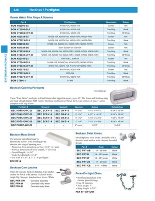 328
EXTERIORHARDWARE
Hatches / Portlights
Bomar Hatch Trim Rings & Screens
Part # Fits Hatches Description Colour
BOM NS2000-EX N1000-10A, N2000-10A Screen N/A
BOM NT2000-BLK N1000-10A, N2000-10A Trim Ring Black
BOM NT2000-OFF-W N1000-10A, N2000-10A Trim Ring Off White
BOM NS2029-EX N1029-10A, N2029-10A, N0029-10FX, N0029-FXN Screen N/A
BOM NT2029-BLK N1029-10A, N2029-10A, N0029-10FX, N0029-FXN Trim Ring Black
BOM NS2039-EX N1039-10A, N2039-10A, N0039-10FX, N0039-10FXN Screen N/A
BOM NS7039-BK Sewn Screen for 1039-10A Screen N/A
BOM NT2039-BLK N1039-10A, N2039-10A, N0039-10FX, N0039-10FXN, N0639-10FX Trim Ring Black
BOM NT2039-OFF-W N1039-10A, N2039-10A, N0039-10FX, N0039-10FXN, N0639-10FX Trim Ring Off White
BOM NS2049-EX 1049-10AX, 2049-AX Screen N/A
BOM NT2049-BLK N1049-10A, N2049-10A, N0049-10FX, N0049-10FXN Trim Ring Black
BOM NT2049-OFF-W N1070-10A, N2070-10A, N1070-10P, N2670-10AX Trim Ring Off White
BOM NS2070-EX N1070-10A, N2070-10A Screen N/A
BOM NT2070-BLK 1070-10A Trim Ring Black
BOM NT2070-OFF-W N1070-10A, N2070-10A Trim Ring Off White
BOM GT966-1 GT966 Trim Ring Black
Beckson Opening Portlights
These "Rain Drain" portlights will self-drain while tipped at angles, up to 45o
are made of high impact ABS plastic. Stainless steel hardware holds the Lexan window in place. Comes
complete with bug screen.
Portlight # Screen # Gasket # Opening Cutout Outside Size
BEC PO410DWC-20 BEC SCR 410 BEC GK-410 4" x 10" 4-1/2" x 10-1/2" 6-3/4" x 12-3/4"
BEC PO414DWC-20 BEC SCR 414 BEC GK-414 4" x 14" 4-1/2" x 14-1/2" 6-3/4" x 16-3/4"
BEC PO512DWC-20 BEC SCR 512 BEC GK-512 5" x 12" 5-1/2" x 12-1/2" 7-3/4" x 14-5/8"
BEC PO714DWC-20 BEC SCR 714 BEC GK-714 7" x 14" 7-1/2" x 14-3/8" 9-3/4" x 16-3/4"
BEC PO8RD-WC-20 - - 8" round 8-1/2" 10-3/4"
PO410DWC-20
Beckson Rain Shield
The external rain shield may be
fastened by screws or by bonding to the
exterior trim ring of opening ports.
Projection from mounting surface: 2-1/2” (6.3 cm)
Vertical dimension of hood overall, 3” (7.6 cm)
Overall length: 16-3/4"
Under hood length: 14-1/2"
Use with 4" x 14" & 7" x 14" portlights
BEC RS14
Beckson Twist Knobs
Molded plastic twist knobs. Available with a
threaded male stud or with a female threaded
ferrule.
Part # Knob Colour
BEC PRT-AB 1/4 - 20 Male Black
BEC PRT-B 1/4 - 20 Female Black
BEC PRT-W 1/4 - 20 Female White
BEC PRT-2B 1/4 - 20 Male Black
BEC PRT-CB 5/16 - 16 Male Black
Beckson Cam Latches
enable the hatch to be opened or closed with a
BEC PRK-AW Complete assembly
BEC PRK-W Cam latch only, White
BEC PRK-B Cam latch only, Black
Perko Portlight Chain
Stainless steel chain with
Use #8 fasteners
Total length: 7”
Strap length: 1-7/8”
PER 441-DP-CHR
 