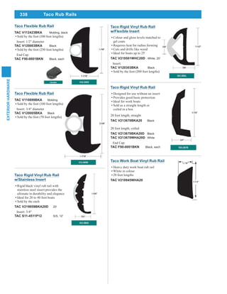 338
EXTERIORHARDWARE
Taco Rub Rails
Taco Flexible Rub Rail
TAC V110899BKA Molding
Sold by the foot (100 foot lengths)
Insert: 3/4" diameter
TAC V120005BKA Black
Sold by the foot (70 foot lengths)
Taco Flexible Rub Rail
TAC V112423BKA Molding, black
Sold by the foot (100 foot lengths)
Insert: 1/2" diameter
TAC V120003BKA Black
Sold by the foot (250 foot lengths)
End Cap:
TAC F90-0001BKN Black, each
Taco Rigid Vinyl Rub Rail
w/Stainless Insert
Rigid black vinyl rub rail with
stainless steel insert provides the
ultimate in durability and elegance
Ideal for 20 to 40 foot boats
Sold by the each
TAC V219659BKA20D 20'
Insert: 3/4"
TAC S11-4511P12 S/S, 12'
Taco Work Boat Vinyl Rub Rail
Heavy duty work boat rub rail
White in colour
20 foot lengths
TAC V210945WHA20
Taco Rigid Vinyl Rub Rail
w/Flexible Insert
Colour and gloss levels matched to
gel coats
Requires heat for radius forming
Cuts and drills like wood
Ideal for boats up to 25'
TAC V219501WHC20D White, 20'
Insert:
TAC V120303BKA Black
Sold by the foot (200 foot lengths)
Taco Rigid Vinyl Rub Rail
Designed for use without an insert
Provides good basic protection
Ideal for work boats
Sold as a straight length or
coiled in a box
20 foot length, straight
TAC V213670BKA20 Black
20 foot length, coiled
TAC V213670BKA20D Black
TAC V213670WHA20D White
End Cap:
TAC F90-0001BKN Black, each
 