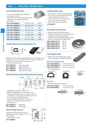 340
EXTERIORHARDWARE
Vinyl Trim / Weather Seal
Taco Flexible Vinyl Trim
any contour or radius
Flexible PVC trim with individual internal
aluminum clips and gripping tongue
25' lengths
TAC V30-1005B25-1 Trim 5/32" x 9/16" Black
TAC V30-1005W25-1 Trim 5/32" x 9/16" White
TAC V30-1008B25-1 Trim 1/4" x 1/2" Black
TAC V30-1008W25-1 Trim 1/4" x 1/2" White
TAC V30-1312B25-1 Trim 3/8" x 5/8" Black
TAC V30-1312W25-1 Trim 3/8" x 5/8" White
TAC V30-1316B25-1 Trim 1/2" x 19/32" Black
TAC V30-1316W25-1 Trim 1/2" x 19/32" White
StanPro Edge Channel
Stainless steel edge channel seals the
opening between two windows of 3/16" or
1/4" thickness.
Each length is 8' long
STP 75000081
Permastik Foam Gaskets
Quality closed-cell neoprene gasket
Excellent resistance to weather and moisture
absorption, oil and grease resistant
Adhesive coated 1 mil Mylar backing which
prevents stretching during application
GSK CG5351/4x1/2 50' roll
GSK CG5351/4x3/4 50' roll
GSK CG5353/8x3/4 25' roll
GSK CG5351/2x3/4 25' roll
GSK CG5351/2x1.5 25' roll
LifeSafe Hatch Tape
Also used as an anti-vibration and water
seal for engine hatch covers, etc
1/8" x 3/4” wide x 7' closed cell foam
with a pressure sensitive tape
Resists salt water and oxidation
LIF RE3870
Made of nonmagnetic type 316 stainless steel
The glass slides easily on a heavy plastic strip over
a felt cushion, which permits installation screws to
be countersunk for proper clearance
The polypropylene pile fabric will not rot or
mildew, is UV stabilized and moth proof
Each length is 8'
STP 75000119 Single rigid
STP 75000120 Double rigid
StanPro Stainless Steel Sliding Window Channel
Taco Weather Seal
with a heavy duty self-adhesive backing
Weather seal-sponge rubber
TAC V30-0109B10-1 H: 3/8" x W: 5/8" x 10'
TAC V30-0202B10-1** H: 1/2 x W: 1/2" x 10'
TAC V30-1333B10-1 H: 1/4" x W: 3/8" x 10'
** Limited Quantity
Hatch Seal
Medium density closed cell foam
TAC V30-0744B8-2 H: 1/8" x W: 3/4" x 8'
TAC V30-0748B8-2 H: 1/4" x W: 3/4" x 8'
V30-0109B10-1 V30-0202B10-1 V30-1333B10-1
V30-0744B8-2 V30-0748B8-2
Designed for fast and permanent installation, without adhesives, on
with minimum clearance from the edge of 1/2".
200' Coil, sold by the foot
STP 75000330 White, Steel insert
STP 75000334 Black, Steel insert
STP 75000346 White, Aluminum insert
STP 75000348 Black, Aluminum insert
StanPro Marine Quickedge Plastic Trim
 