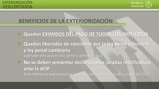 EXTERIORIZACIÓN
VOLUNTARIA
REPÚBLICA
ARGENTINA
Quedan EXIMIDOS DEL PAGO DE TODOS LOS IMPUESTOS
Quedan liberados de sanciones por la ley penal tributaria
y ley penal cambiaria
y de toda otra acción civil, penal y administrativa
No se deben presentar declaraciones juradas rectificativas
ante la AFIP
Toda diferencia patrimonial se incorpora en las declaraciones juradas del 2013
BENEFICIOS DE LA EXTERIORIZACIÓN
 