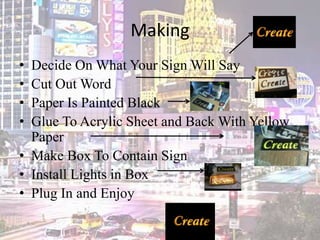 Making
• Decide On What Your Sign Will Say
• Cut Out Word
• Paper Is Painted Black
• Glue To Acrylic Sheet and Back With Yellow
Paper
• Make Box To Contain Sign
• Install Lights in Box
• Plug In and Enjoy
 