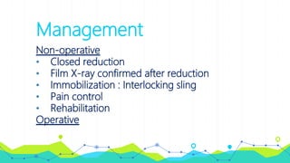Management
Non-operative
• Closed reduction
• Film X-ray confirmed after reduction
• Immobilization : Interlocking sling
• Pain control
• Rehabilitation
Operative
 