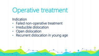 Operative treatment
Indication
• Failed non-operative treatment
• Irreducible dislocation
• Open dislocation
• Recurrent dislocation in young age
 