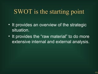 SWOT is the starting point <ul><li>It provides an overview of the strategic situation. </li></ul><ul><li>It provides the “...